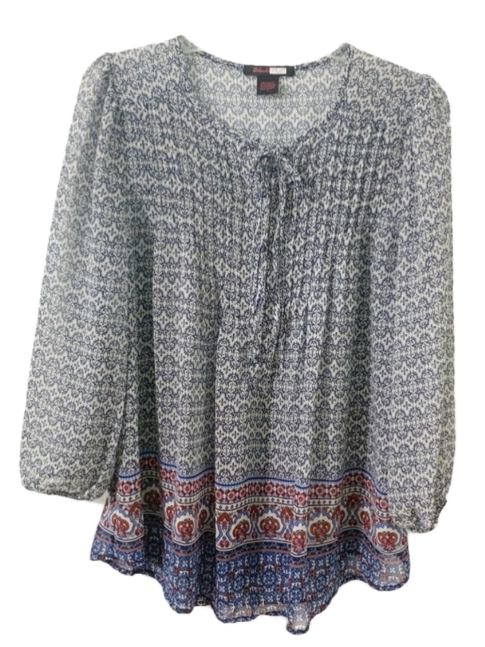 Black Note Sheer Boho Printed Peasant Tunic Blouse Pintuck Tie Front Medium